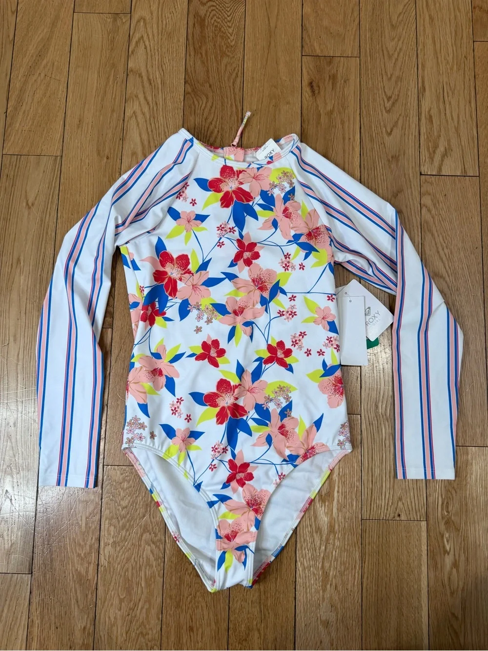 New Roxy Rash Guard Girls 14 Long Sleeve Floral One-Piece Rash Guard Swimsuit